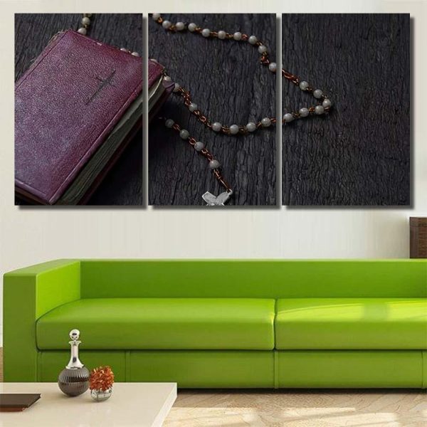 Bible Rosary Beads On Wooden Vintage Christian Premium Multi Canvas Prints, Multi Piece Panel Canvas Luxury Gallery Wall Fine Art Print - Image 5