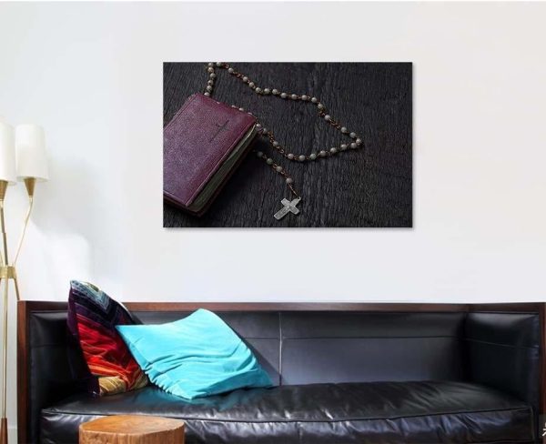 Bible Rosary Beads On Wooden Vintage Christian Premium Multi Canvas Prints, Multi Piece Panel Canvas Luxury Gallery Wall Fine Art Print - Image 4