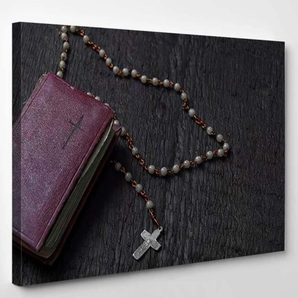 Bible Rosary Beads On Wooden Vintage Christian Premium Multi Canvas Prints, Multi Piece Panel Canvas Luxury Gallery Wall Fine Art Print