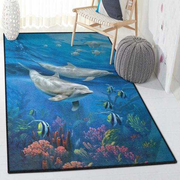 Dolphin Washable Rugs Dolphins Rug Rectangle Rugs Washable Area Rug Non-Slip Carpet For Living Room Bedroom