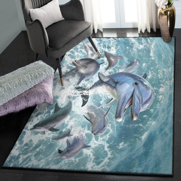 Jump 3D Dolphin Jump Rug Rectangle Rugs Washable Area Rug Non-Slip Carpet For Living Room Bedroom