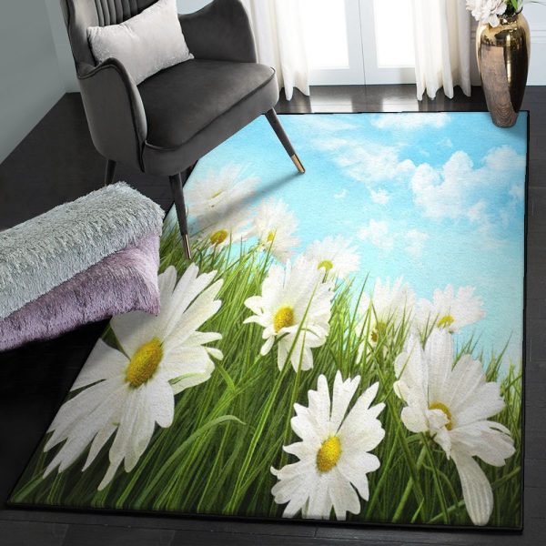 Daisy Dining Room Rug White Daisy Rug Rectangle Rugs Washable Area Rug Non-Slip Carpet For Living Room Bedroom