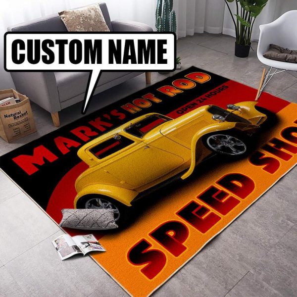 personalized hot rod garage rug 07812 Living Room Rugs, Bedroom Rugs, Kitchen Rugs - Image 3