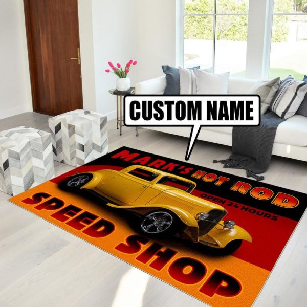 personalized hot rod garage rug 07812 Living Room Rugs, Bedroom Rugs, Kitchen Rugs - Image 2