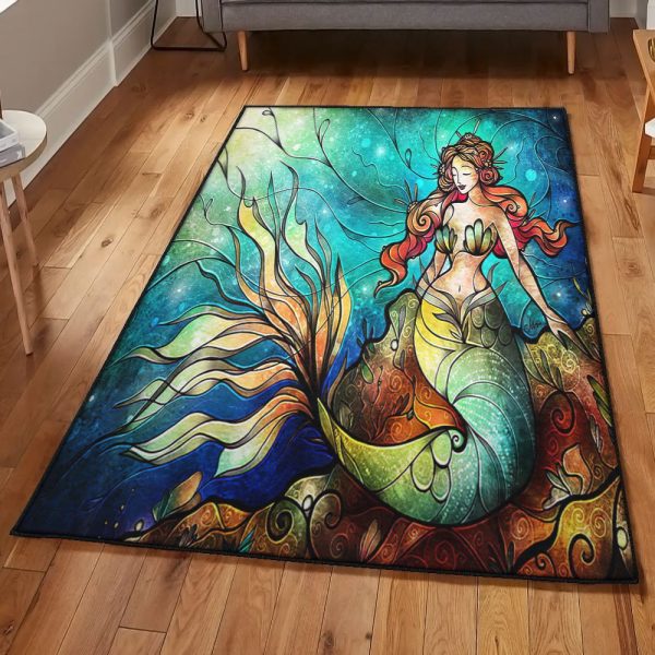 Mermaid Birthday Art Deco Rug Mermaid Rug Rectangle Rugs Washable Area Rug Non-Slip Carpet For Living Room Bedroom