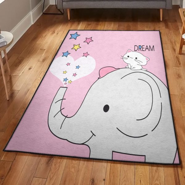 Bunny Cute Girls Elephant And Bunny Pastel Style Rug Rectangle Rugs Washable Area Rug Non-Slip Carpet For Living Room Bedroom