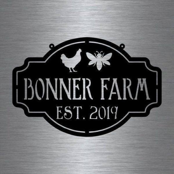 Metal Farm Sign , Bee And Chicken Personalized Family Name Metal Sign