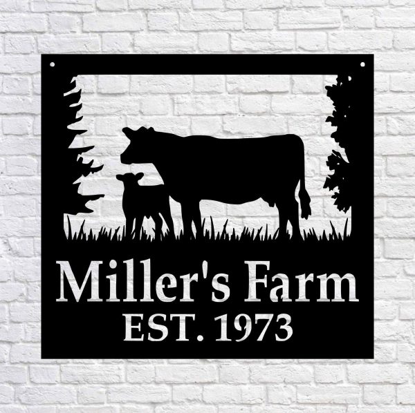 Metal Farm Sign , Custom Cow And Calf Sign Personalized Family Name Me