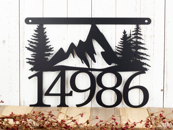 House Number Plaque With Mountains And Pine Trees Metal Sign Cabin Sig