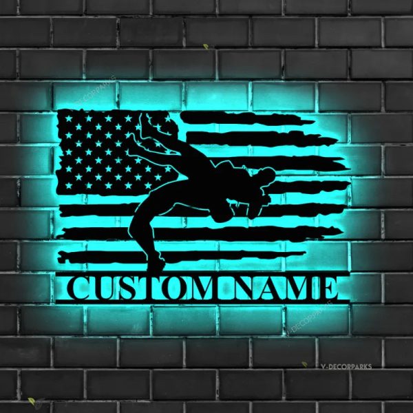 Custom Wrestling Us Flag Metal Wall Art Led Light Personalized America