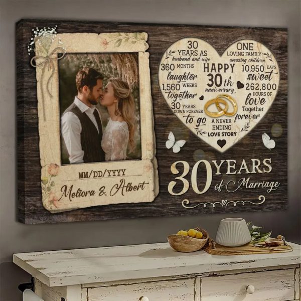 Personalized Photo Canvas Prints, Gifts For Couples, Happy 30th Anniversary Gift For Husband And Wife, Marriage Dried Flower Card Style Dem Canvas - Image 2